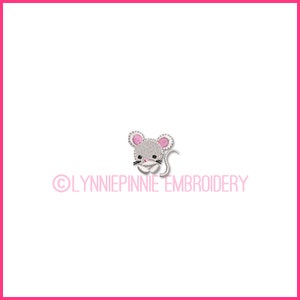 May include: Embroidered design of a gray mouse with pink ears and a white nose. The mouse is looking to the right. The design is on a white background. ©LYNNIEPINNIE EMBROIDERY