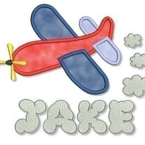 May include: A red and blue airplane with a propeller and a name tag that says "JAKE" in white letters. The airplane is surrounded by white clouds.
