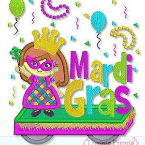 May include: A colourful Mardi Gras float featuring a girl wearing a crown and mask. The float is decorated in green, yellow and purple with the words "Mardi Gras" on the front.