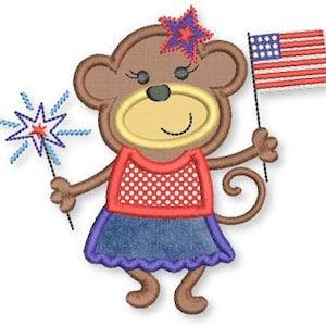 May include: A brown monkey wearing a red and white polka dot shirt, a blue denim skirt, and a red, white, and blue star on its head. The monkey is holding a blue and white sparkler in one hand and an American flag in the other.