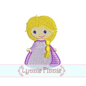 May include: Embroidered design of a blonde girl wearing a purple dress with a long braid. The design is in a cartoon style and is perfect for a child's room or nursery.