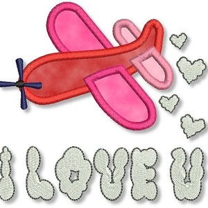 VALENTINE&#39;S DAY I Love U Hearts Airplane Applique 4x4 5x7 Machine Embroidery Design  INSTANT Download File