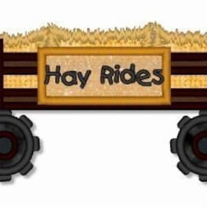 May include: A brown wooden wagon with a hay bale inside and a sign that says "Hay Rides".
