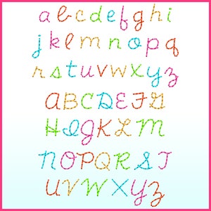 May include: A colorful alphabet chart with uppercase and lowercase letters in different colors. The letters are made of small dots connected together to form the letters.