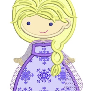 May include: Embroidered design of a cartoon girl with blonde hair wearing a purple dress with a snowflake pattern.