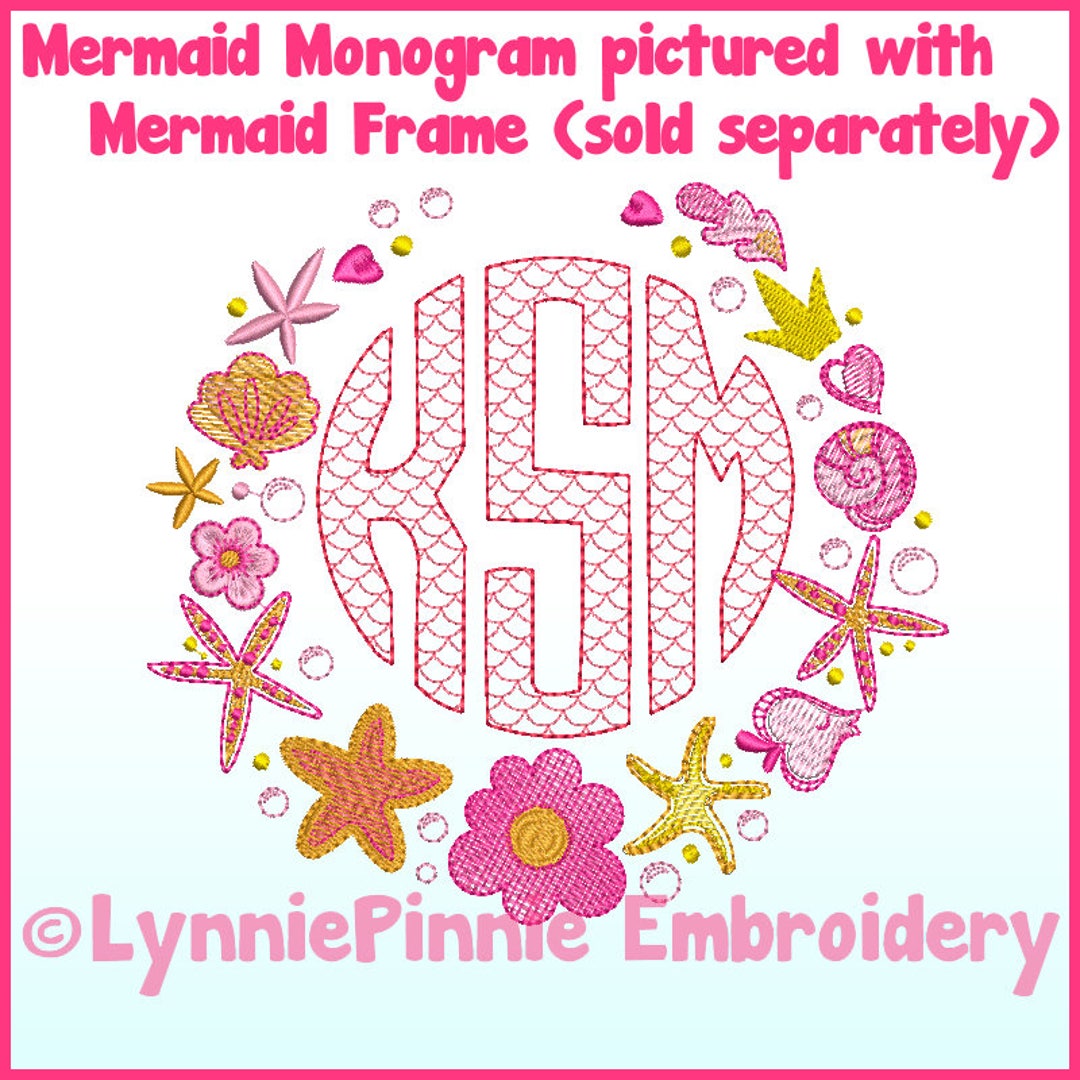 Mermaid Monogram Circle Scale Motif Sketch Font - DIGITAL Embroidery ...