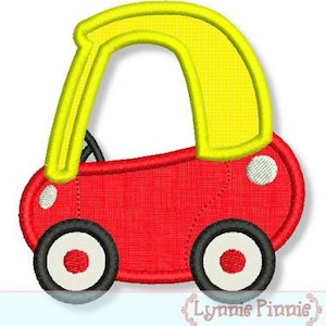 May include: A red toy car with a yellow roof and white wheels. The car has a simple design and is perfect for children's play.