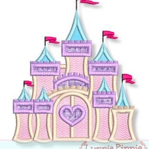 May include: A pink and purple castle with blue roofs and pink flags. The castle has a heart-shaped door and a chevron pattern on the walls.