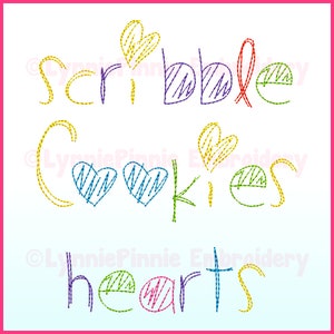 May include: Scribble Cookies Hearts embroidery design with colorful, hand-drawn lettering and hearts.