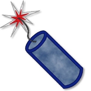 May include: A blue and white firework with a black fuse. The firework is shaped like a cylinder with a star-shaped sparkler on top.