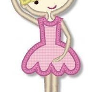 May include: A pink ballerina doll with blonde hair and a pink bow. The doll is wearing a pink tutu and pink shoes.