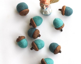 Felted Acorns - set of 10 in blues