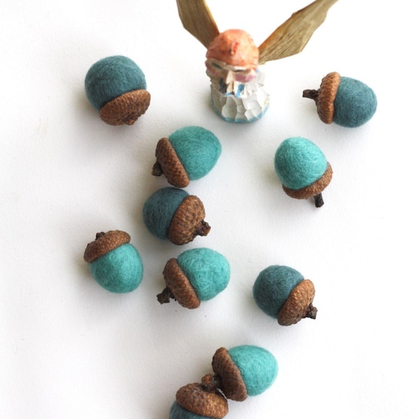 Felted Acorns - set of 10 in blues