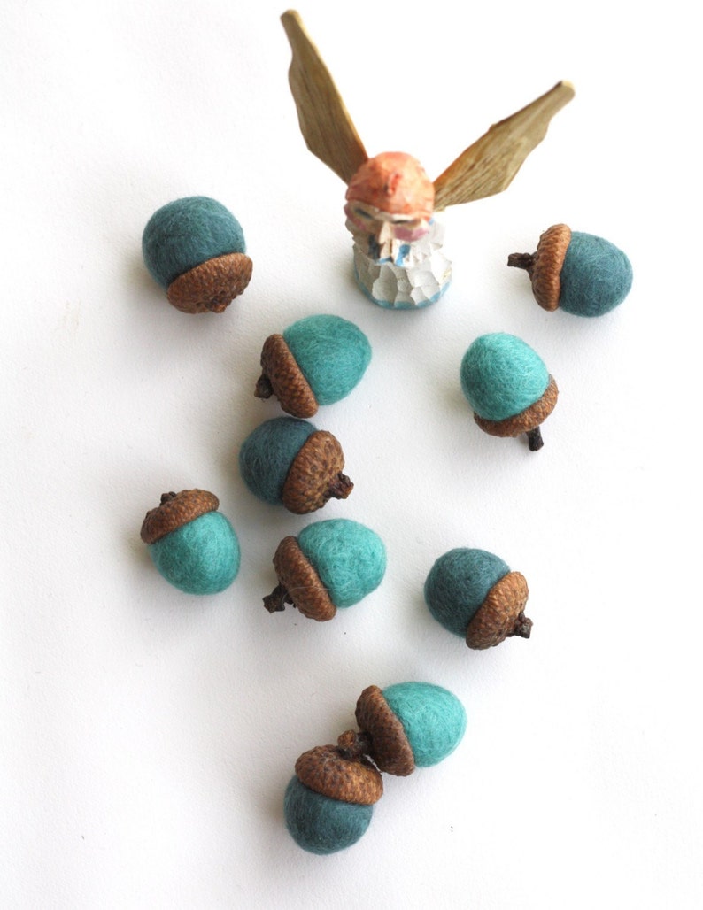 Felted Acorns set of 10 in blues image 1