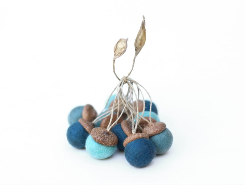 Felted Acorn Ornaments set of 10 in blues image 5