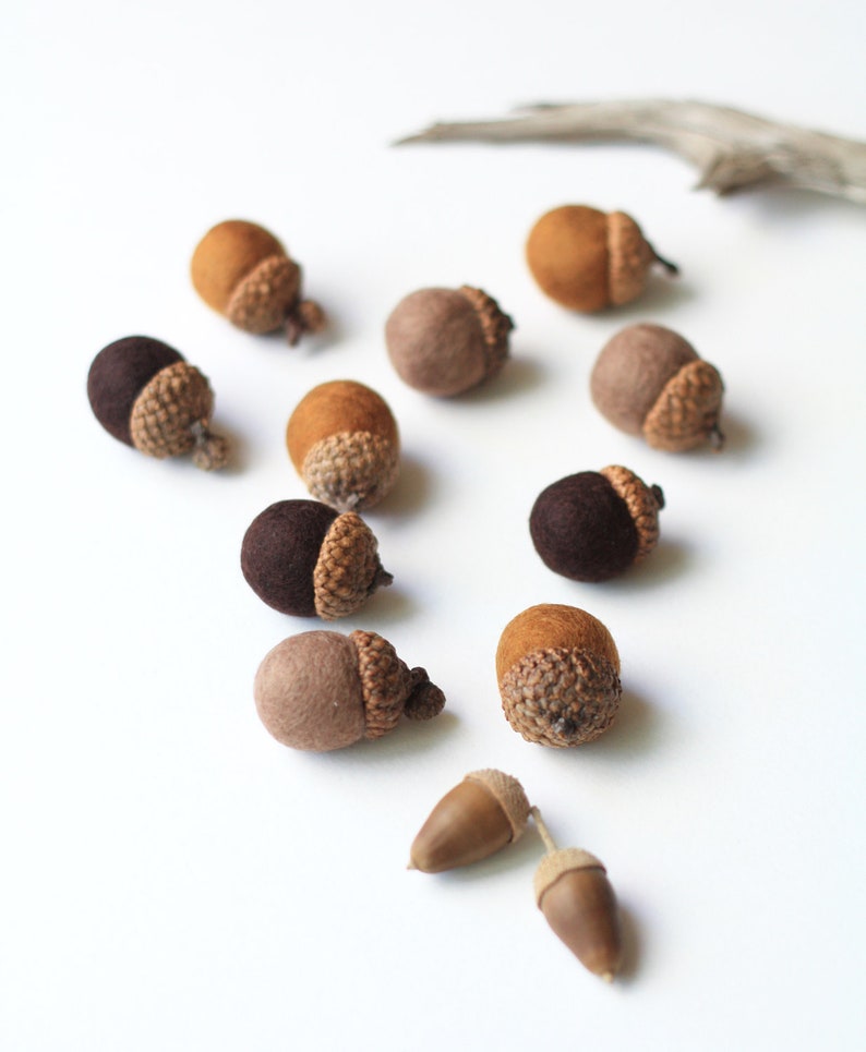 Felted Acorns set of 10 in autumn browns image 3