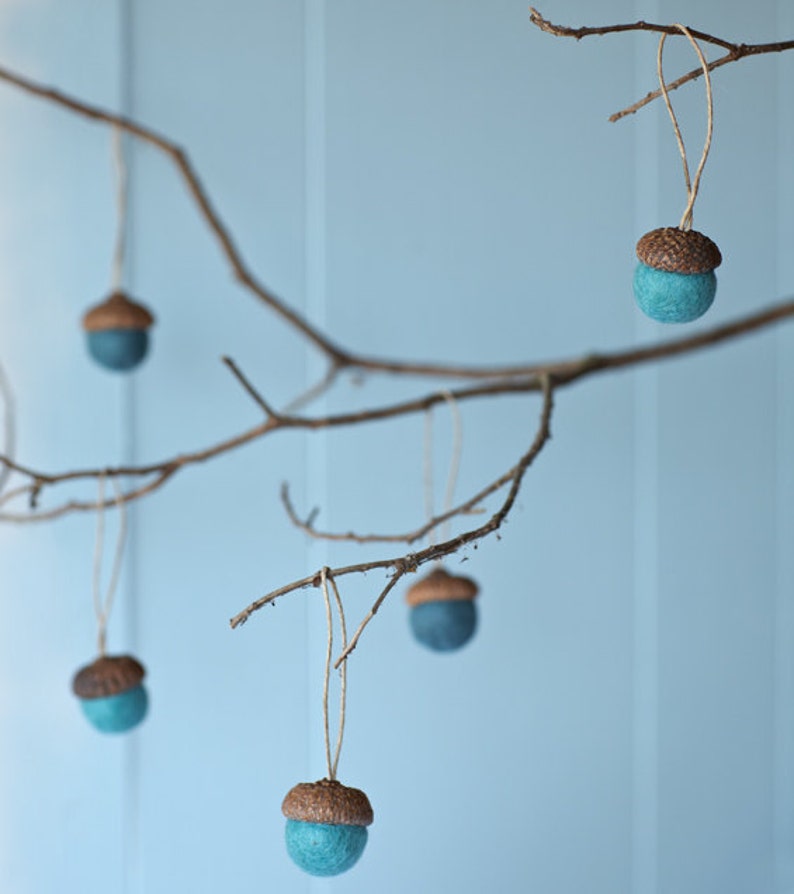 Felted Acorn Ornaments set of 10 in blues image 3