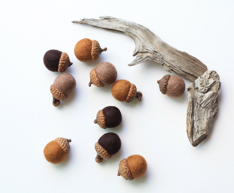 Felted Acorns set of 10 in autumn browns image 1