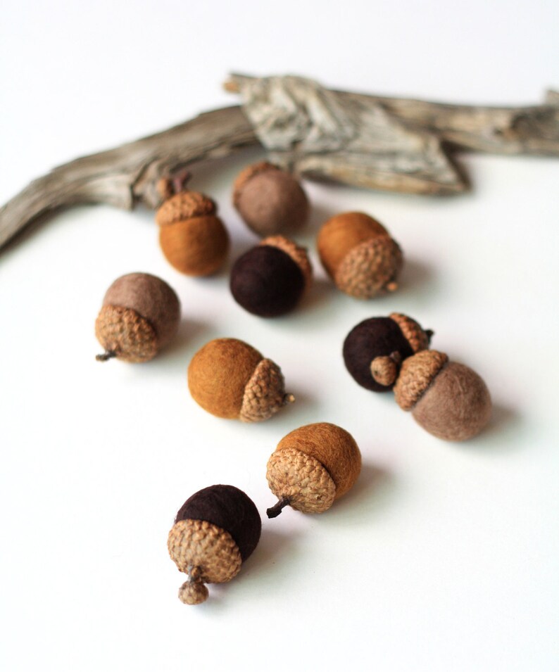 Felted Acorns set of 10 in autumn browns image 2