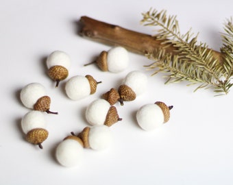 Felted Acorns - set of 10 in snow white