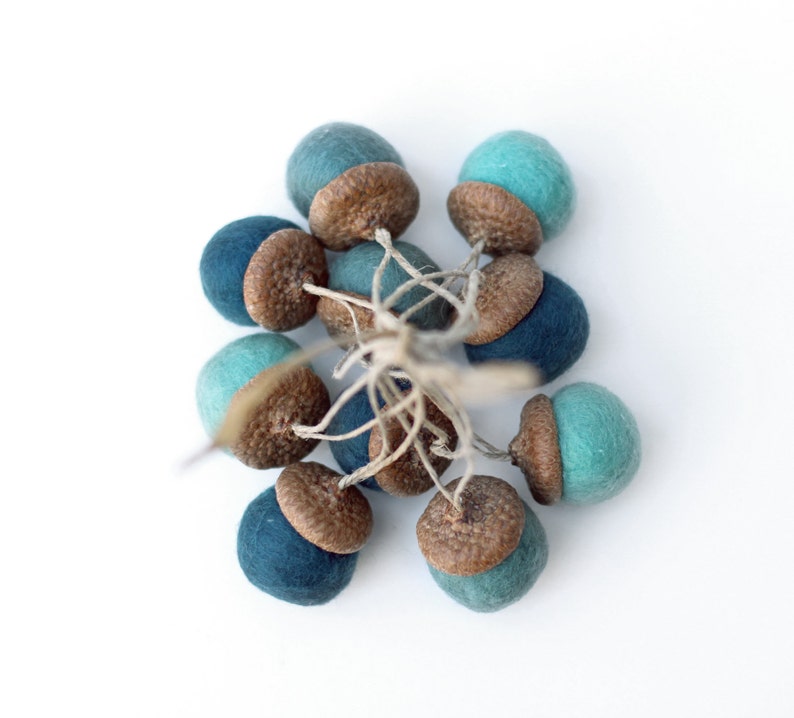 Felted Acorn Ornaments set of 10 in blues image 2