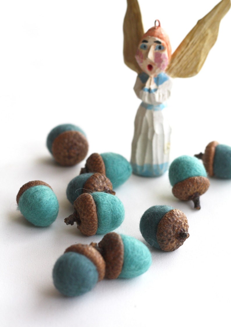 Felted Acorns set of 10 in blues image 2