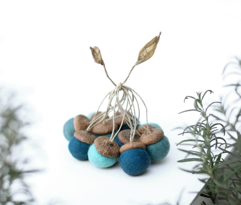 Felted Acorn Ornaments set of 10 in blues image 1