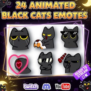 黒猫のアニメーションエモート24選｜Twitch、Discord、YouTube用エモート｜GIF + PNG透明背景