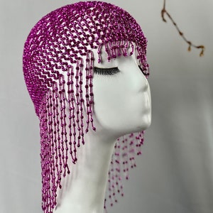 PINK Beads Cap Handmade Beaded Cleopatra-Inspired Headpiece – Elegant Costume Accessory with Tassels