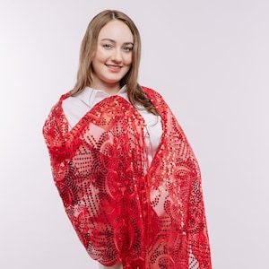 Red Floral Sequin Embroidery Shawl: Metallic Evening Wrap