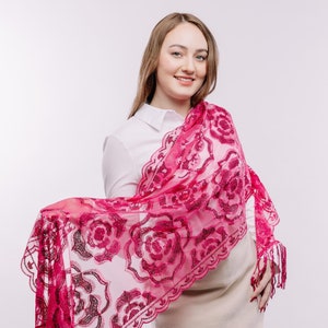 Sequin Rose Scarf: Fuchsia Pink Floral Embroidery Shawl with Tassels