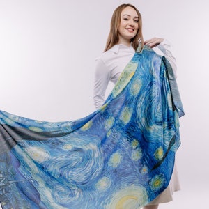Van Gogh Starry Night Scarf: Wearable Art Satin Shawl
