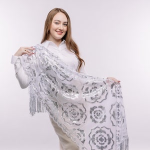 Sequin Rose Embroidery Scarf: Sparkle White Floral Shawl with Tassels
