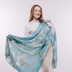 Van Gogh Almond Blossom Scarf: Silky Satin Wearable Art