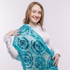 Sparkle Blue Exquisite Roses Decor Sequin Scarf – Floral Sequin Embroidery Shawl with Tassel Details Blue Scarf Blue Shawl