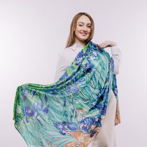 Van Gogh Irises Scarf: Wearable Art, Silky Satin Shawl