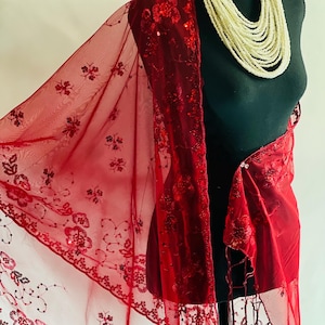 Burgundy Sequin Scarf: Floral Embroidery Metallic Evening Shawl