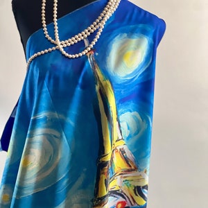 Double-Sided Art Scarf: Eiffel Tower & Van Gogh, Silky Square Scarf