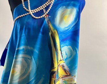Doppelseitiger Kunstschal: Eiffelturm & Van Gogh, Seidiger quadratischer Schal