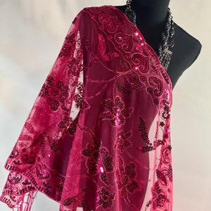 Fuchsia Sequin Embroidery Shawl: Metallic Floral Evening Wrap