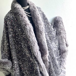 Silver Sequin Batwing Cape: Metallic Faux Fur Festival Wrap