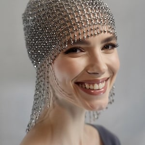SILVER Beads Cap Handmade Beaded Cleopatra-Inspired Headpiece – Elegant Costume Accessory with Tassels image 1