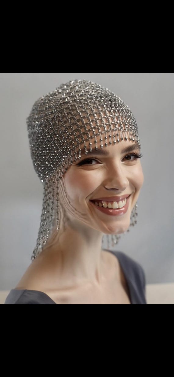 SILVER Beads Cap Handmade Beaded Cleopatra-Inspired Headpiece – Elegant Costume Accessory with Tassels