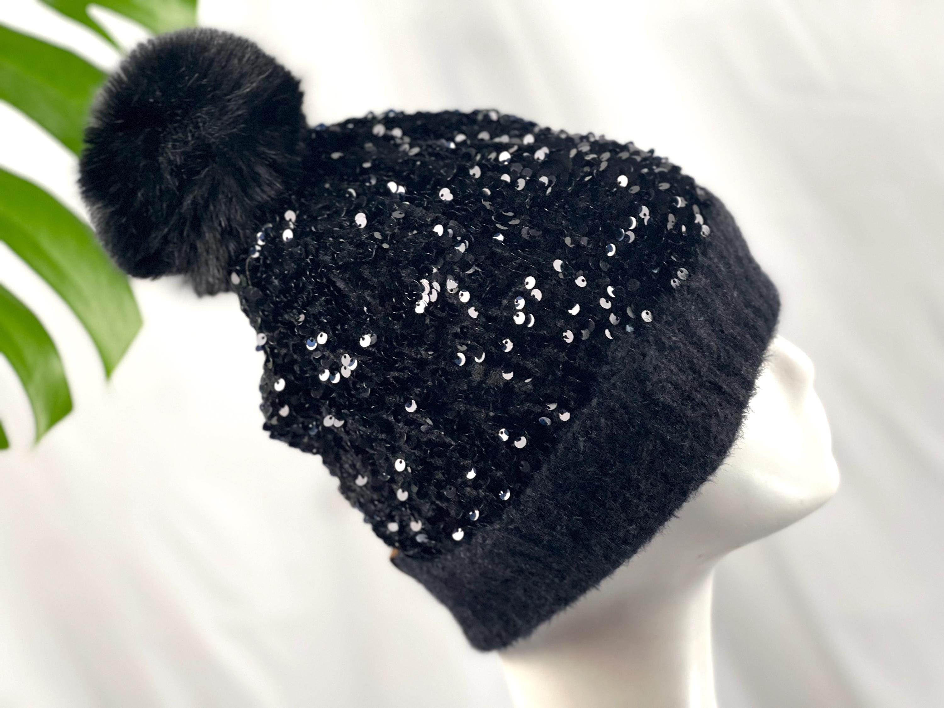 Chic Sequin-Embellished Knit Black Beanie with Pom-Pom Gold Black Pom Pom Sequin Thick Warm Hat – Cozy Warmth With  main image 4