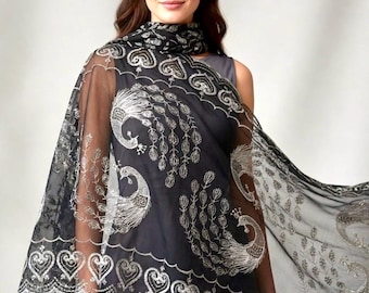 Black Sequin Scarf: Silver Peacock Embroidery, Metallic Evening Shawl