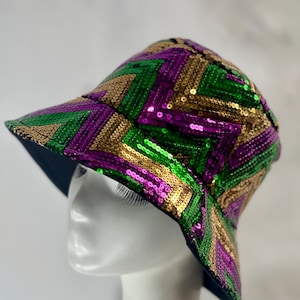 Mardi Gras Sequin Bucket Hat: Purple, Green & Gold Chevron Sparkle