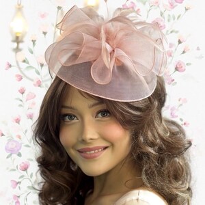 Op de afbeelding: Een blushkleurige fascinator met een gelaagd, doorschijnend ontwerp en veeraccenten. De hoofdtooi staat tegen een bloemenachtergrond, wat een zachte en elegante uitstraling creëert. Een stijlvol accessoire voor speciale gelegenheden.