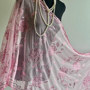 Blush Pink Floral Embroidered Shawl – Sheer Mesh Wrap with Sequins | Romantic Lightweight Scarf for Party, Wedding, or Evening Wear