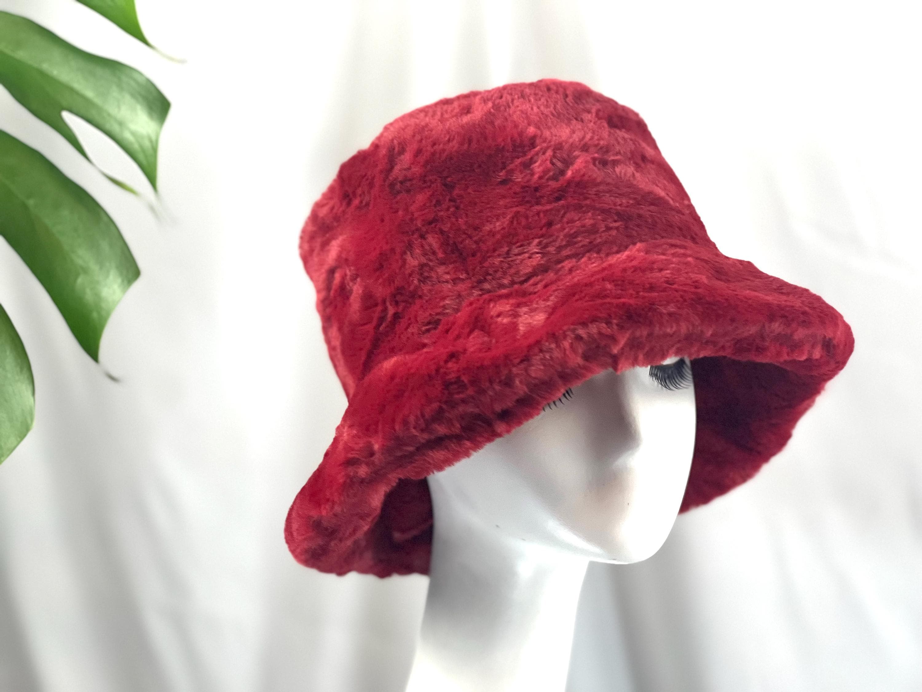 Burgundy Faux Fur Bucket Hat Burgundy Faux Fur Hat – Luxury Fluffy Winter Bucket Style  main image 3