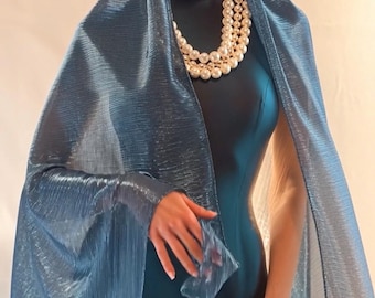 Sheer BLUE Shimmer Scarf Shawl, Lightweight Elegant Stretch Wrap, Light-Reflective Flowing Evening Overlay